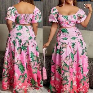 NWT L’ATISTE Pink Ombré Floral Butterfly Lace Up Maxi Skirt Top Matching Set S